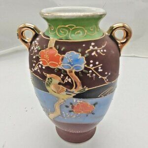 Hand Painted Moriage Miniature Two Handled Jug Bird & Floral Japan 5"